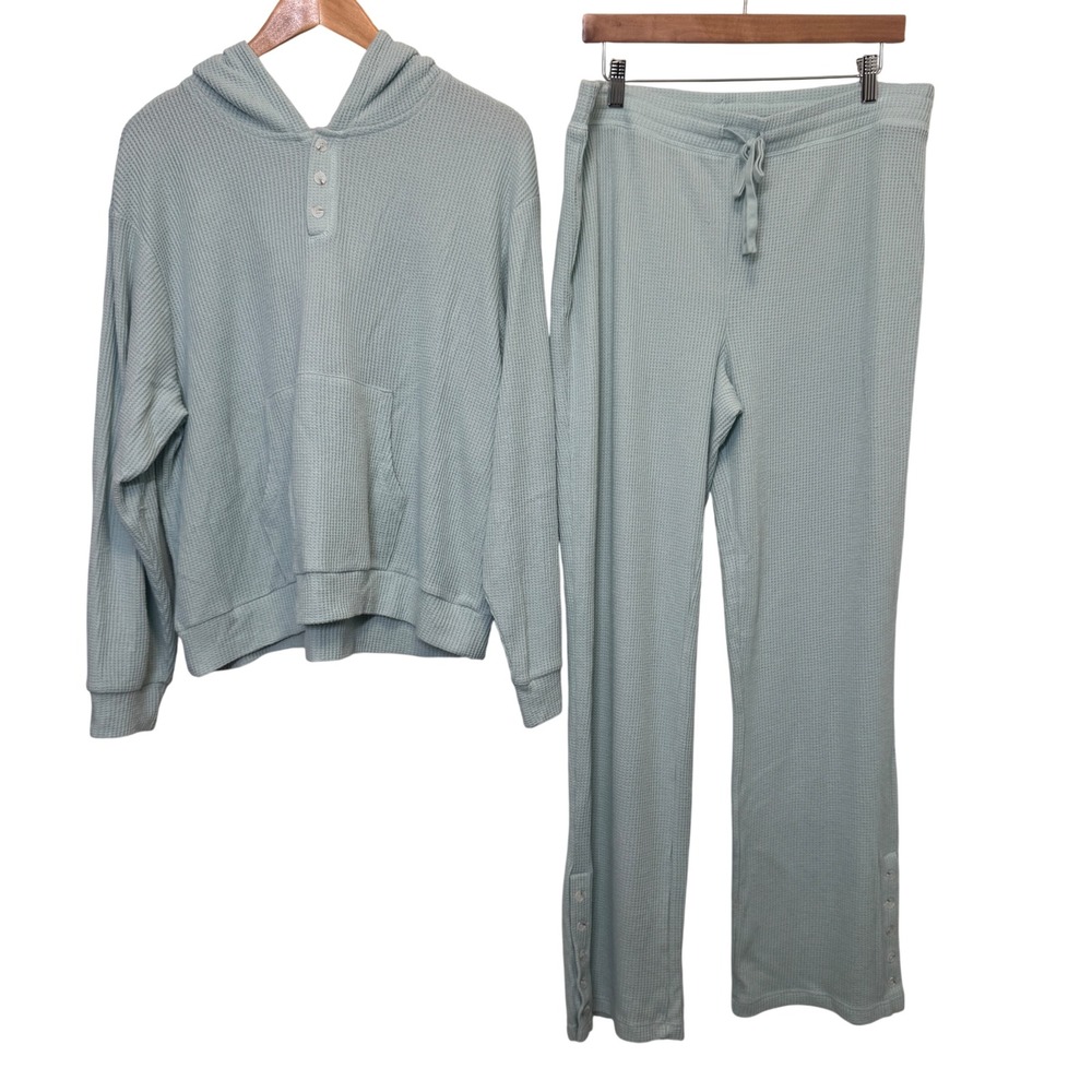 PJ Salvage Womens Lounge Set XL Mint Waffle Knit Henley Hoodie Pants Loungewear